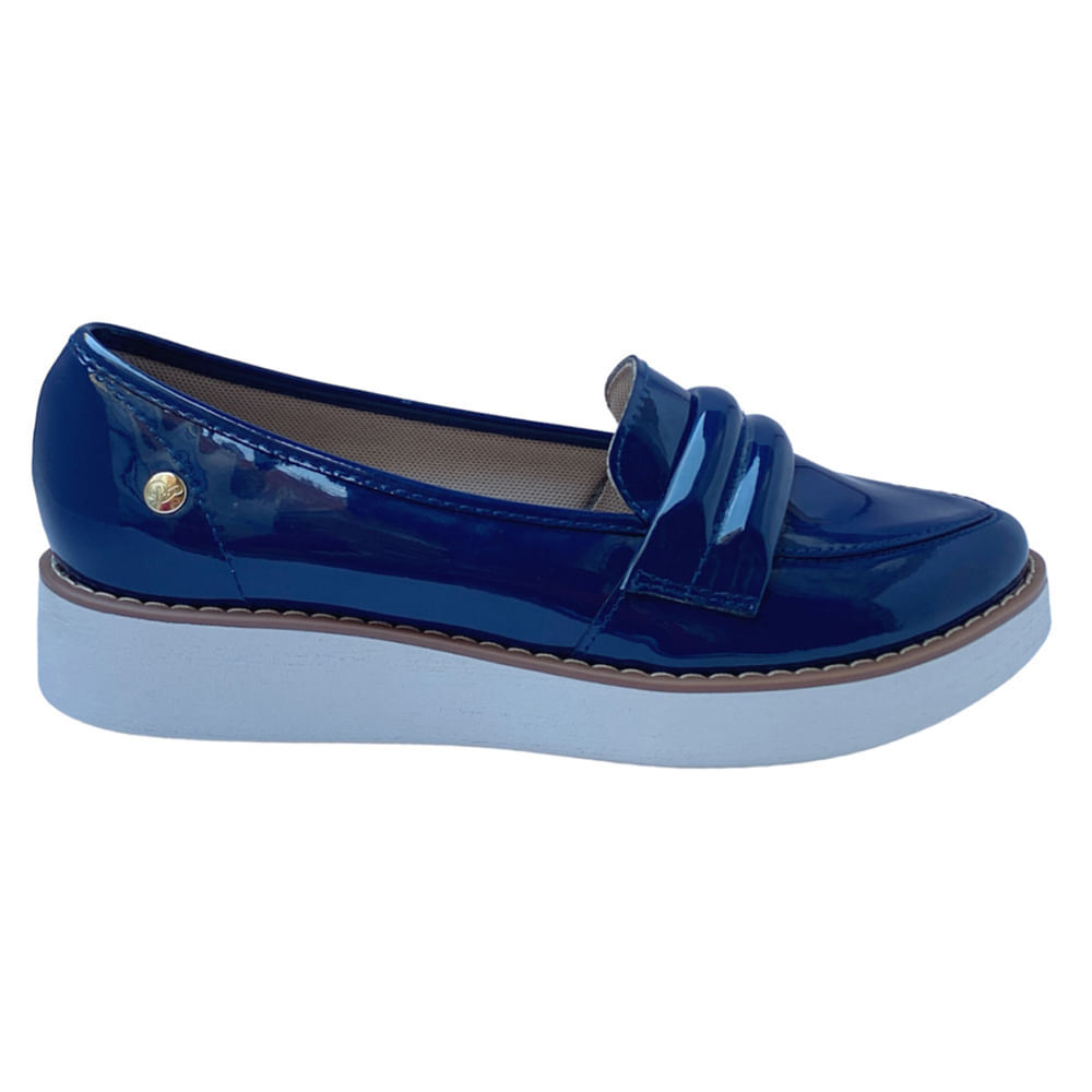 Zapato Mocasin casual suela blanca Selene charol color azul marino para mujer