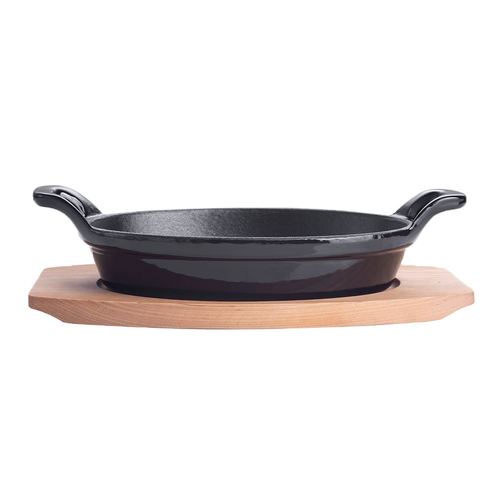 Sartén de hierro fundido con soporte de madera