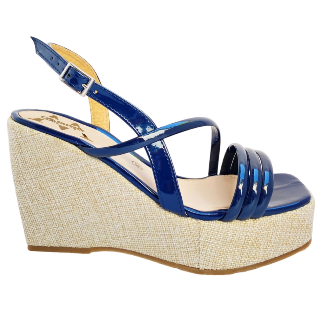 Zapato Sandalia casual charol color azul marino y plataforma punta cuadrada para mujer