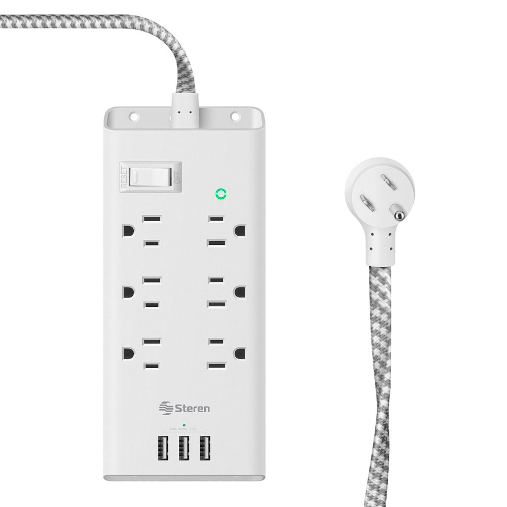 Protector de voltaje Steren 1625 Watts 6 tomas certificados NEMA 5-15R + 3 puertos USB