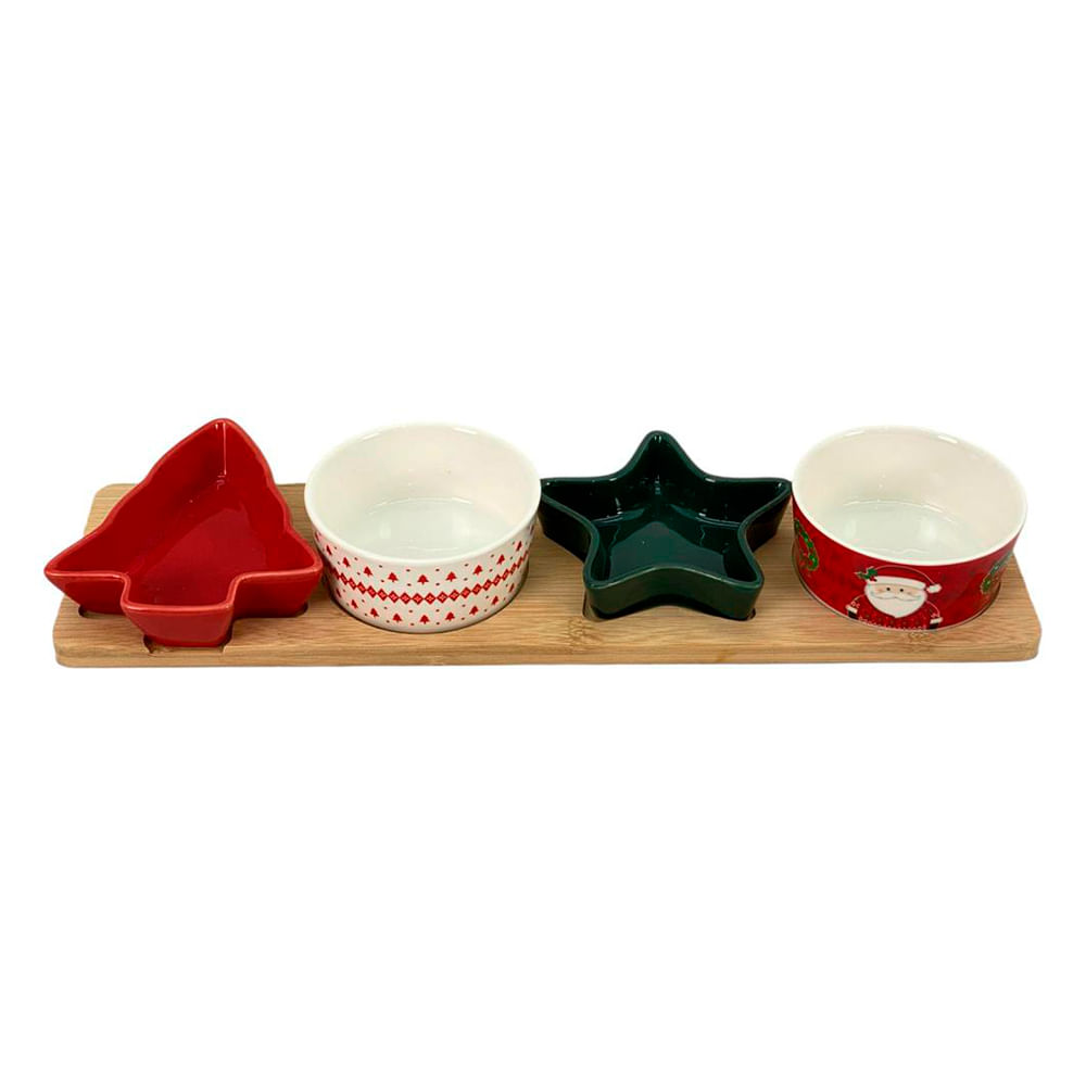 Set navideño de tazones con base de madera 5 piezas