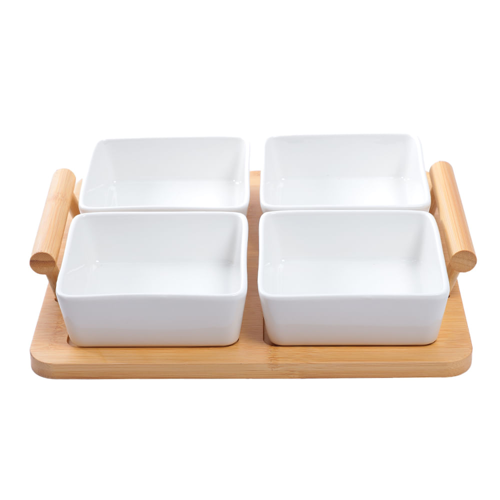 Set de 4 piezas para servir  con base de bambú
