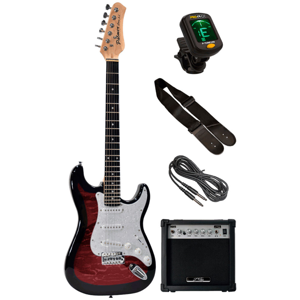 Combo Guitarra eléctrica roja + amplificador + cable 1/4 + sincronizador + strap