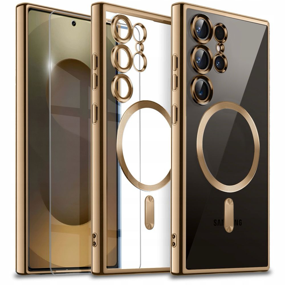 Case con magsafe dorado y protectores de lentes de cámara