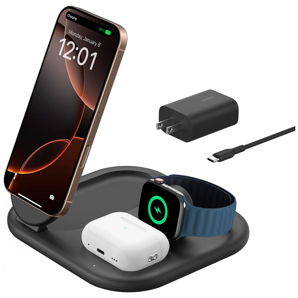 Estación de carga inalámbrica plegable 3 en 1 Belkin BoostCharge de 15 W con Qi2