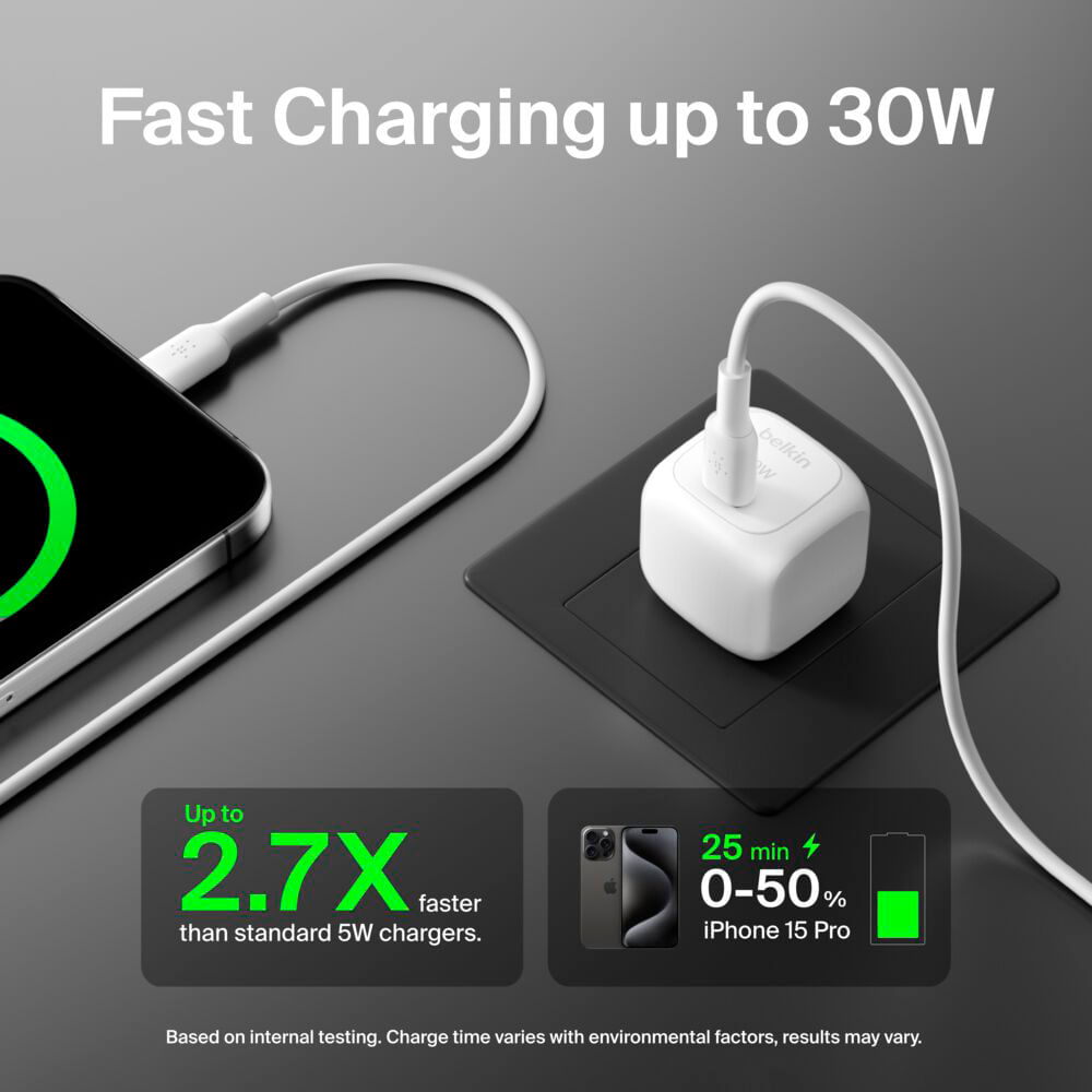 Cargador de pared Belkin BoostCharge USB-C de 30 W con cable USB-C