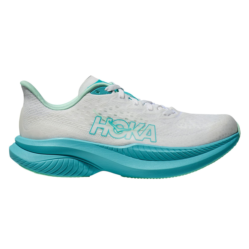 Zapato deportivo running Hoka Mach 6 color blanco/celeste para mujer