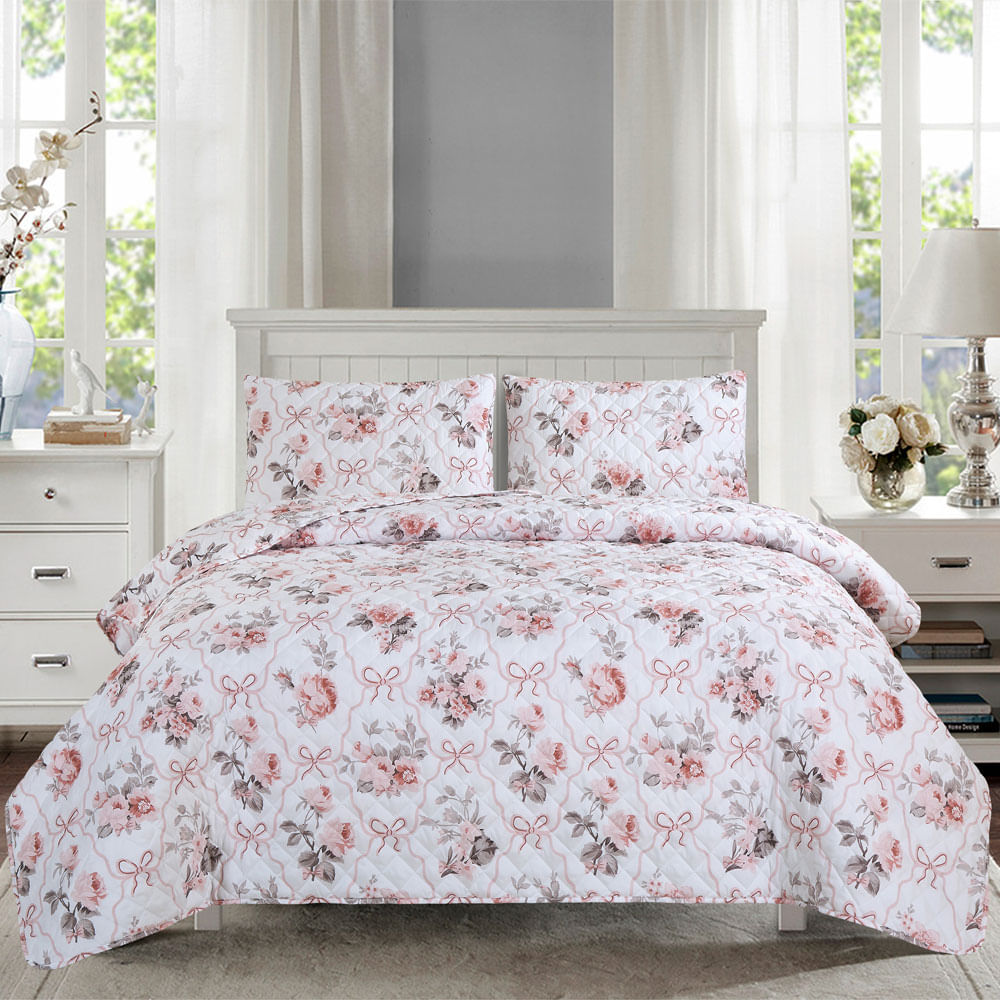 Cubrecama de poliéster estampado floral con chongas