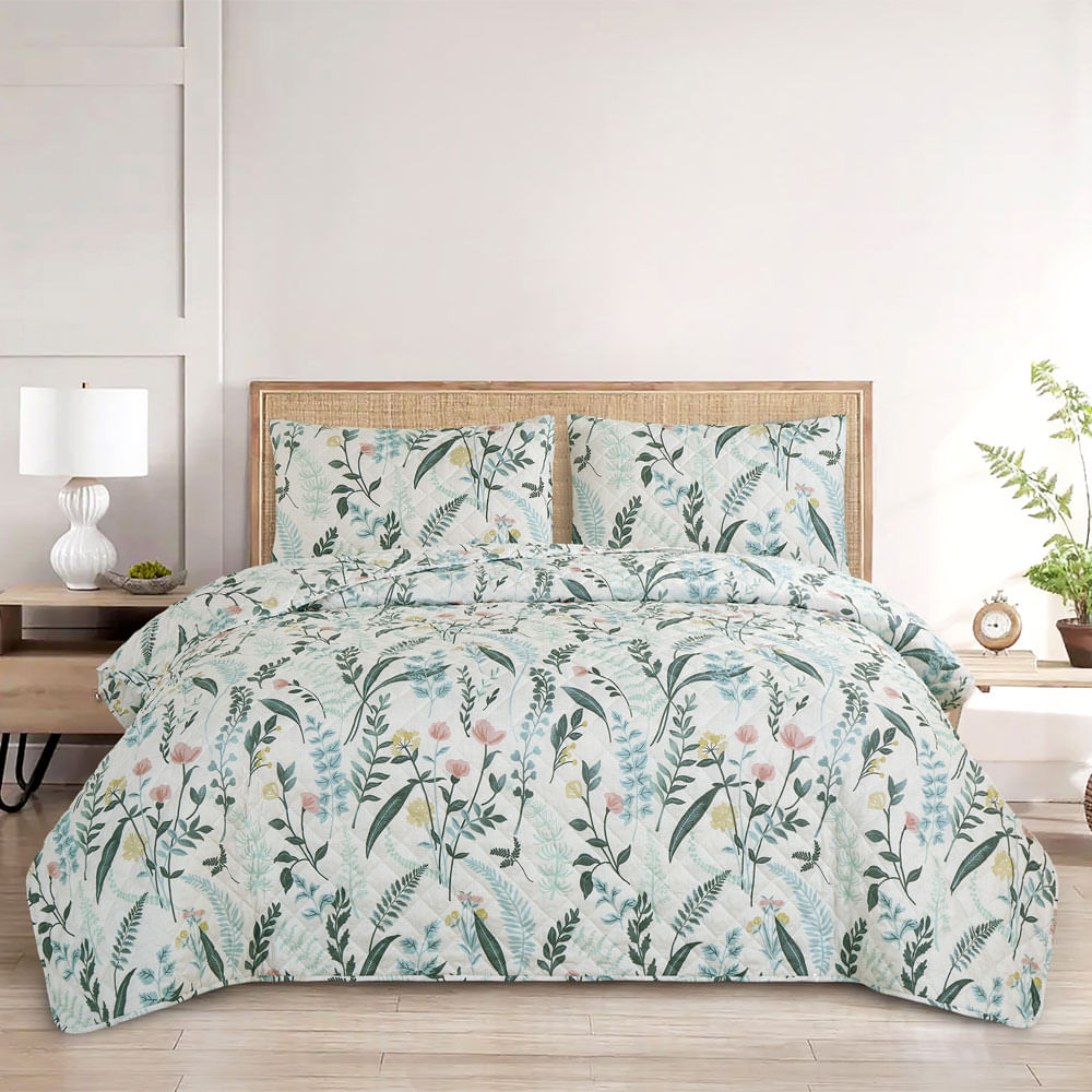 Cubrecama de poliéster estampado botánico