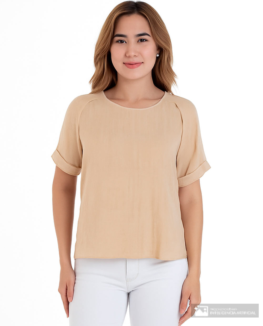 Blusa Sabrina casual beige manga corta para mujer