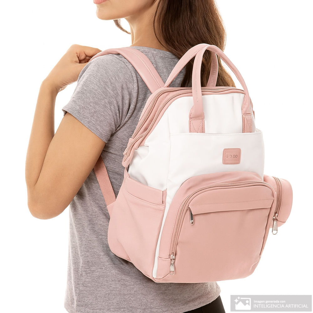 Pañalera estilo mochila rosada y blanca