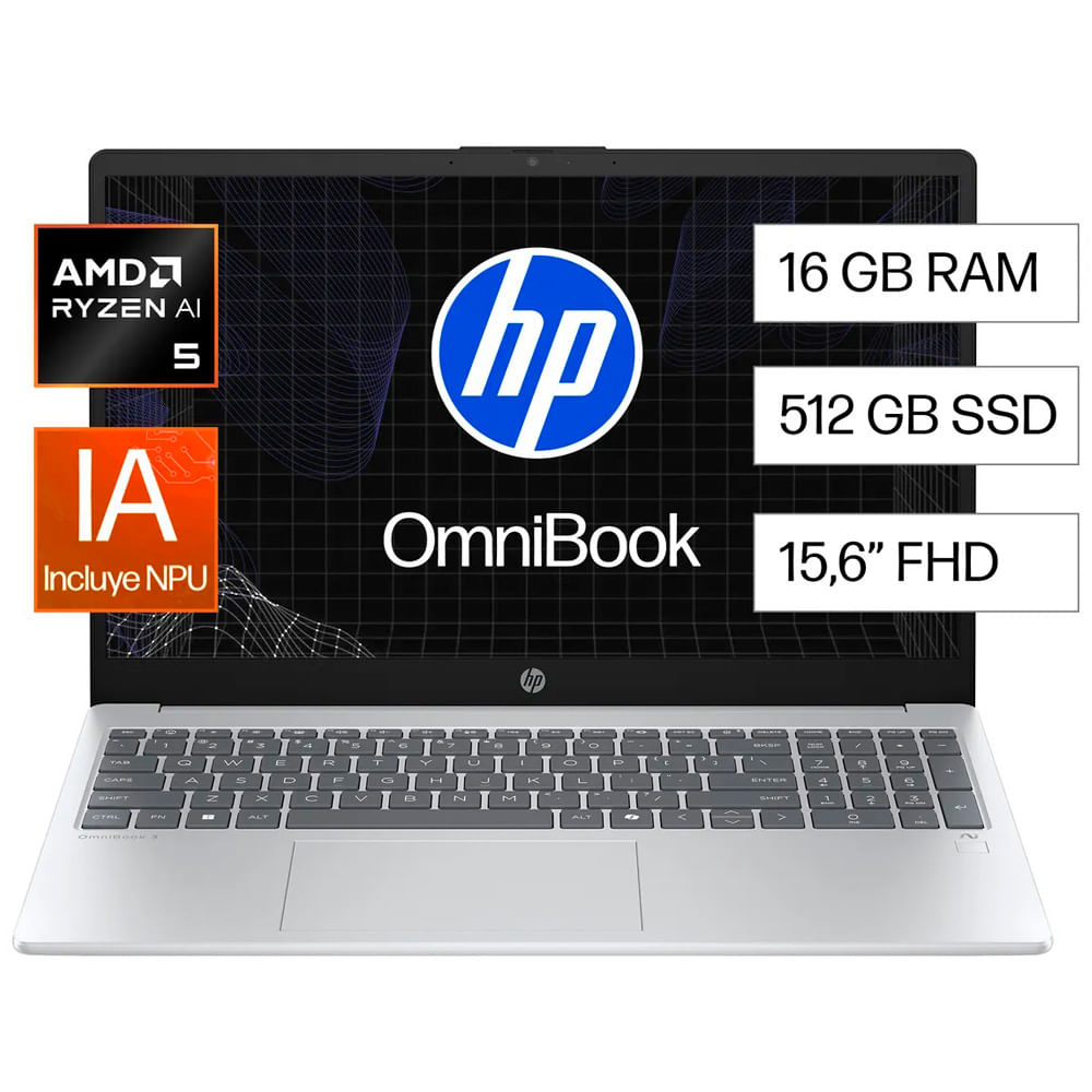 Laptop HP OmniBook 3 NGAI 15-FN0051LA AMD Ryzen AI 5 16GB RAM 512GB SSD Almacenamiento Windows 11 15.6" (39.62 cm)
