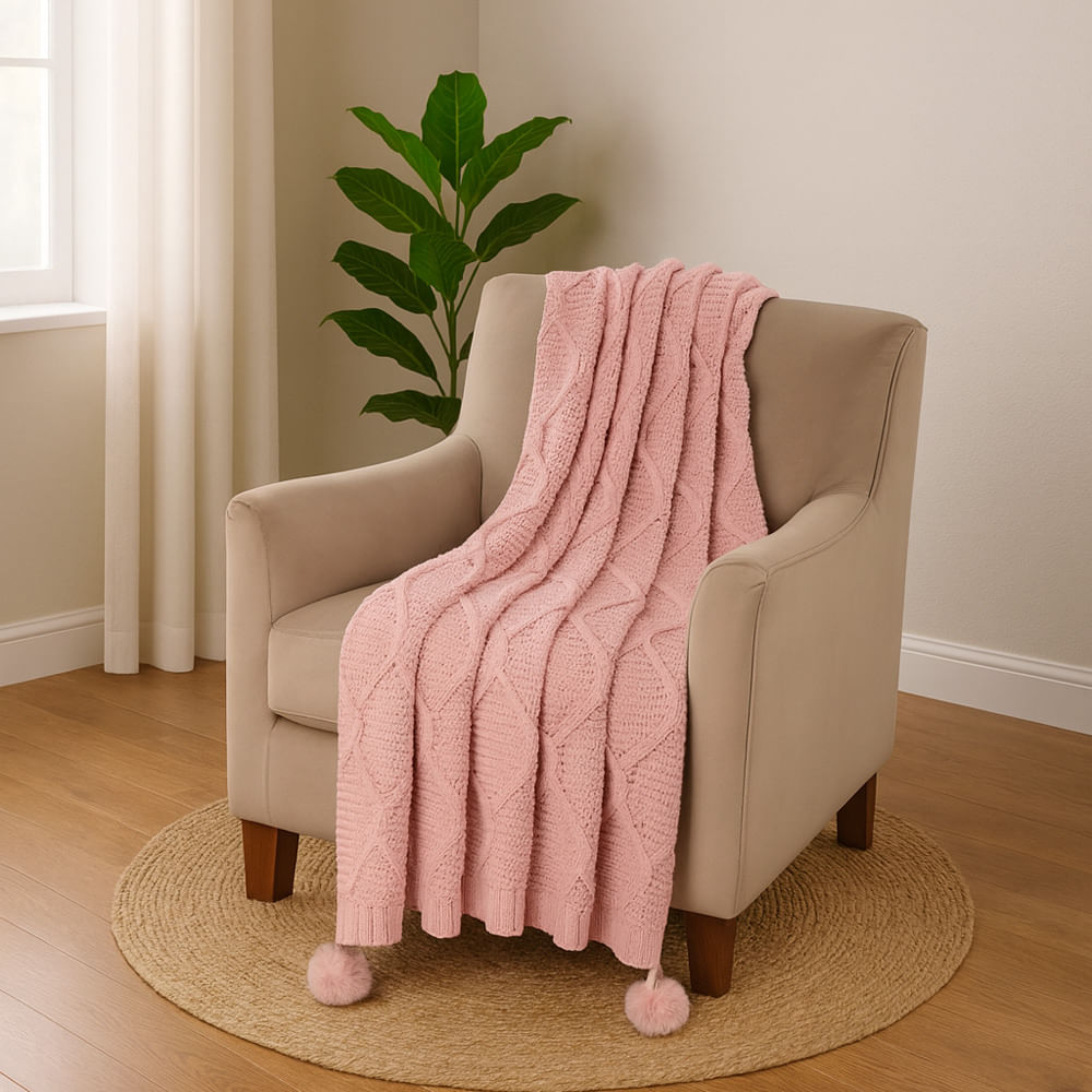 Frazada de poliéster con textura de cuadros con pom pom 130x150 cm