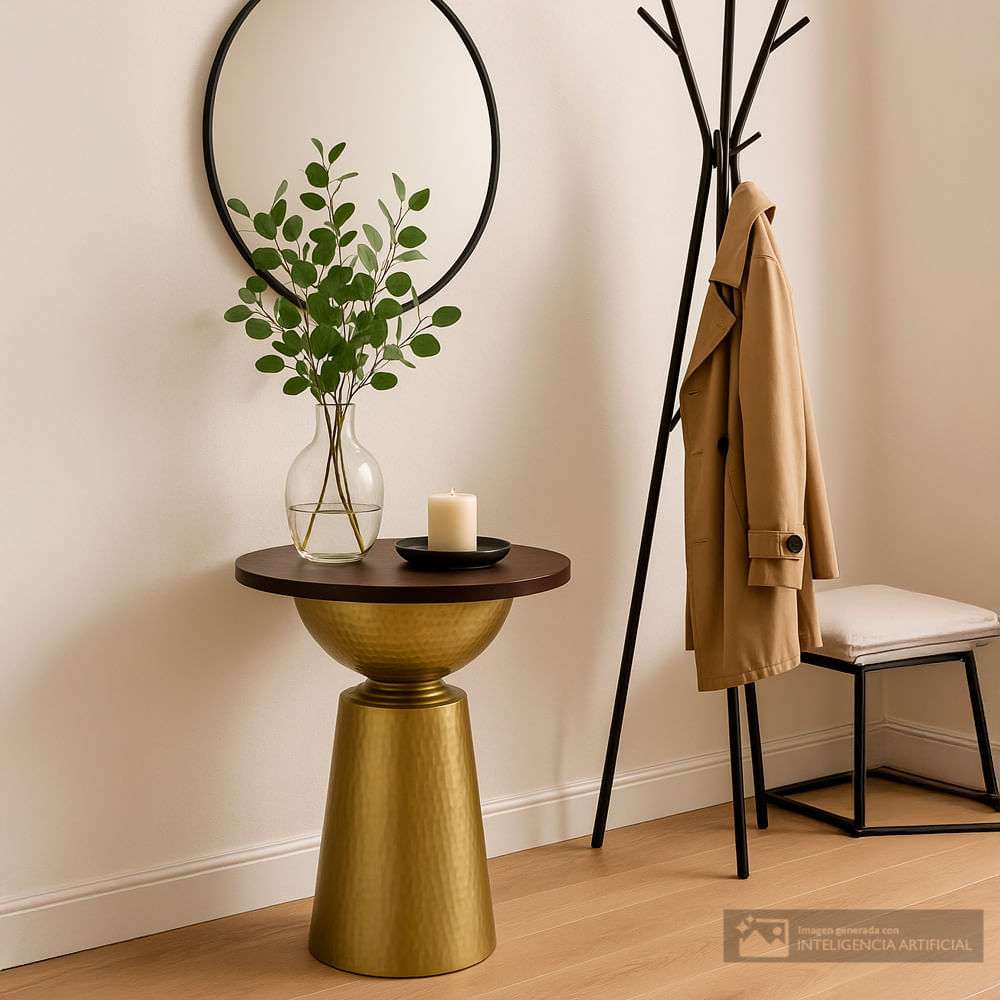 Mesa esquinera con base metálica dorada