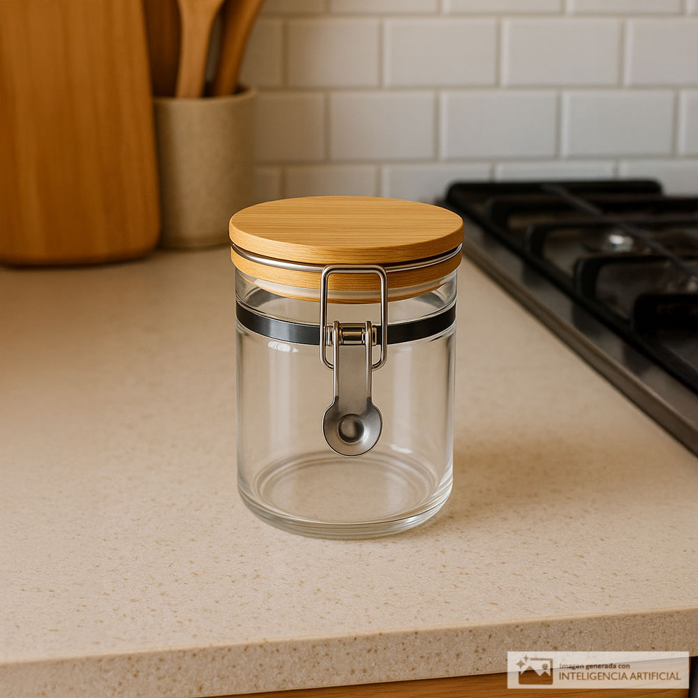 Canister de vidrio con tapa de madera 10x10 cm