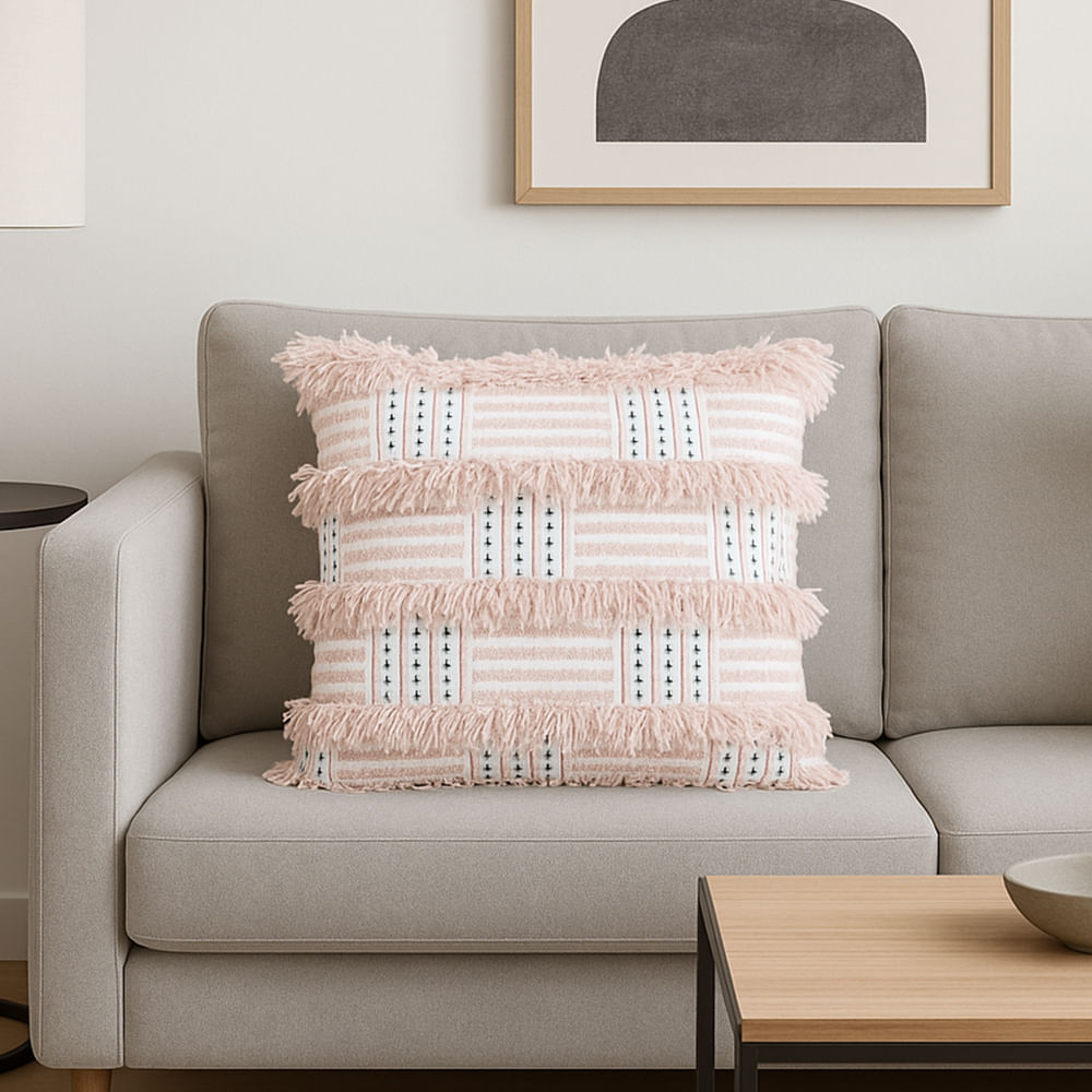 Cojín cuadrado de poliéster decorativo líneas con flecos 45x45 cm