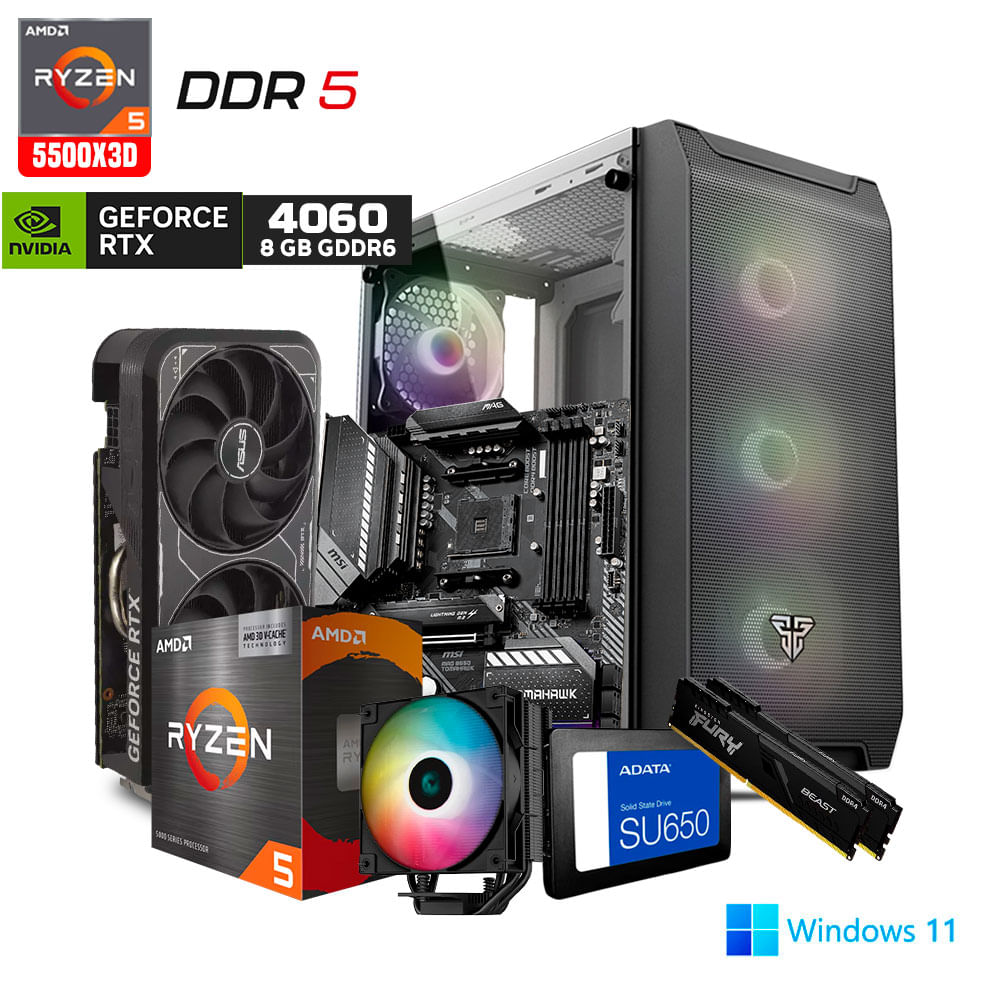 Computadora Gaming de Escritorio Ryzen 5 5500X3D, 32GB Ram, 960Gb, Tarjeta de Video Rtx4060/Sin So
