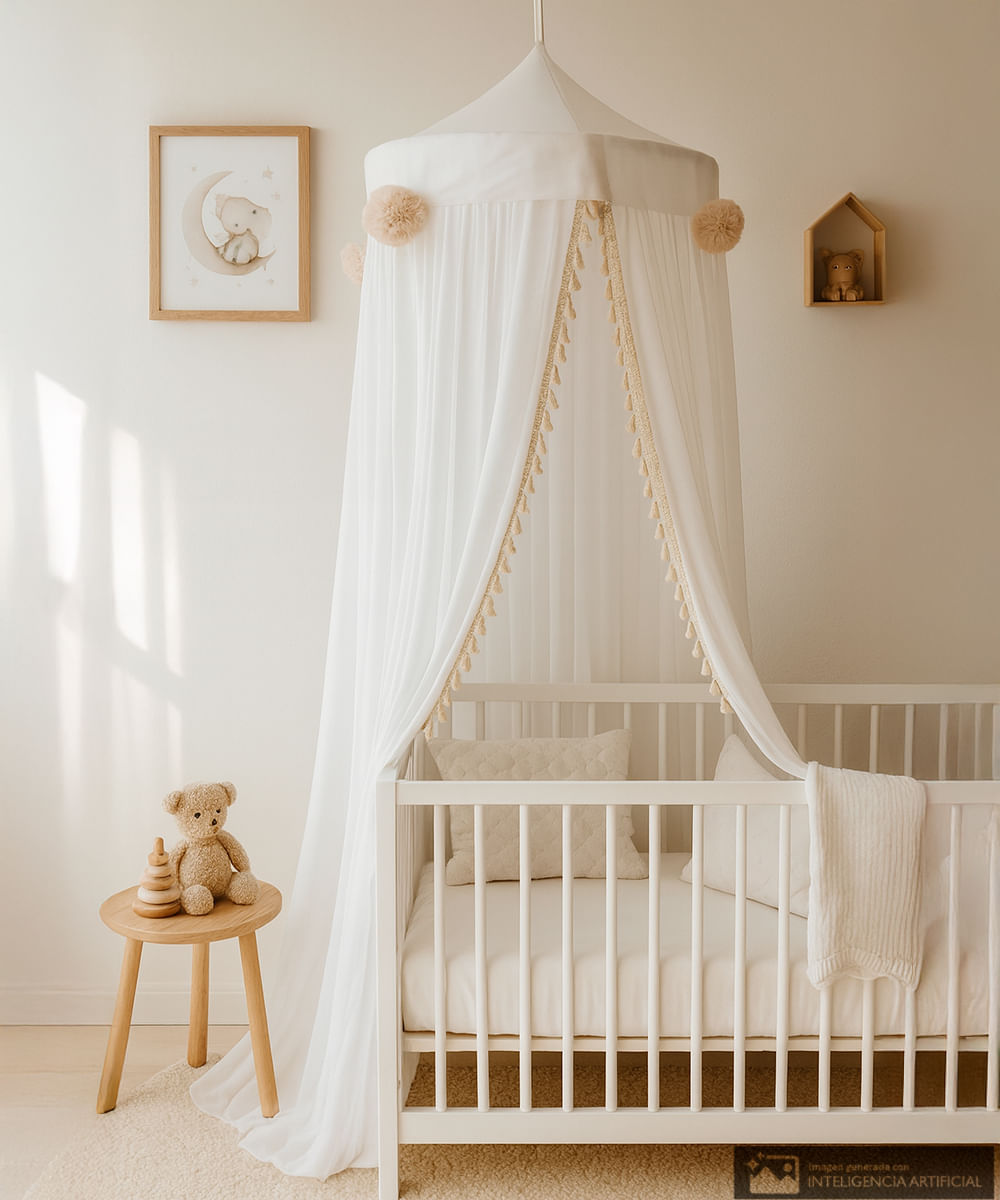 Mosquitero de cuna premium con aplicación de lágrima y pompom de tull