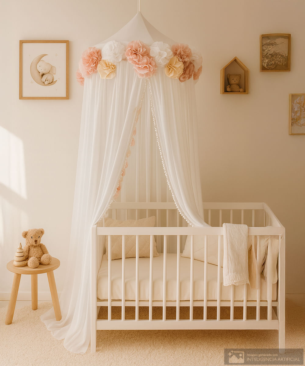 Mosquitero de cuna premium con aplicación de pompom y corona de flores
