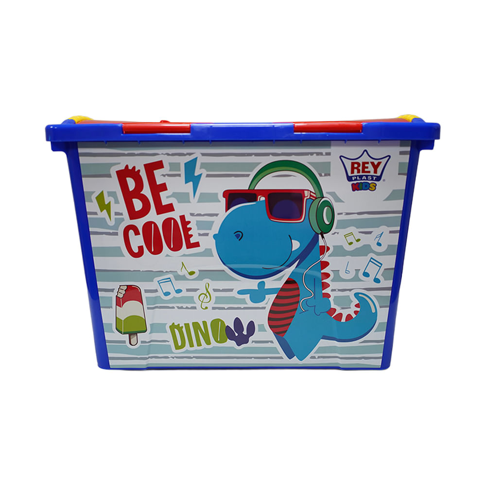Baul decorado niño, dinocool, capacidad 78.4 Lt, caja azul, tapa roja y amarillo