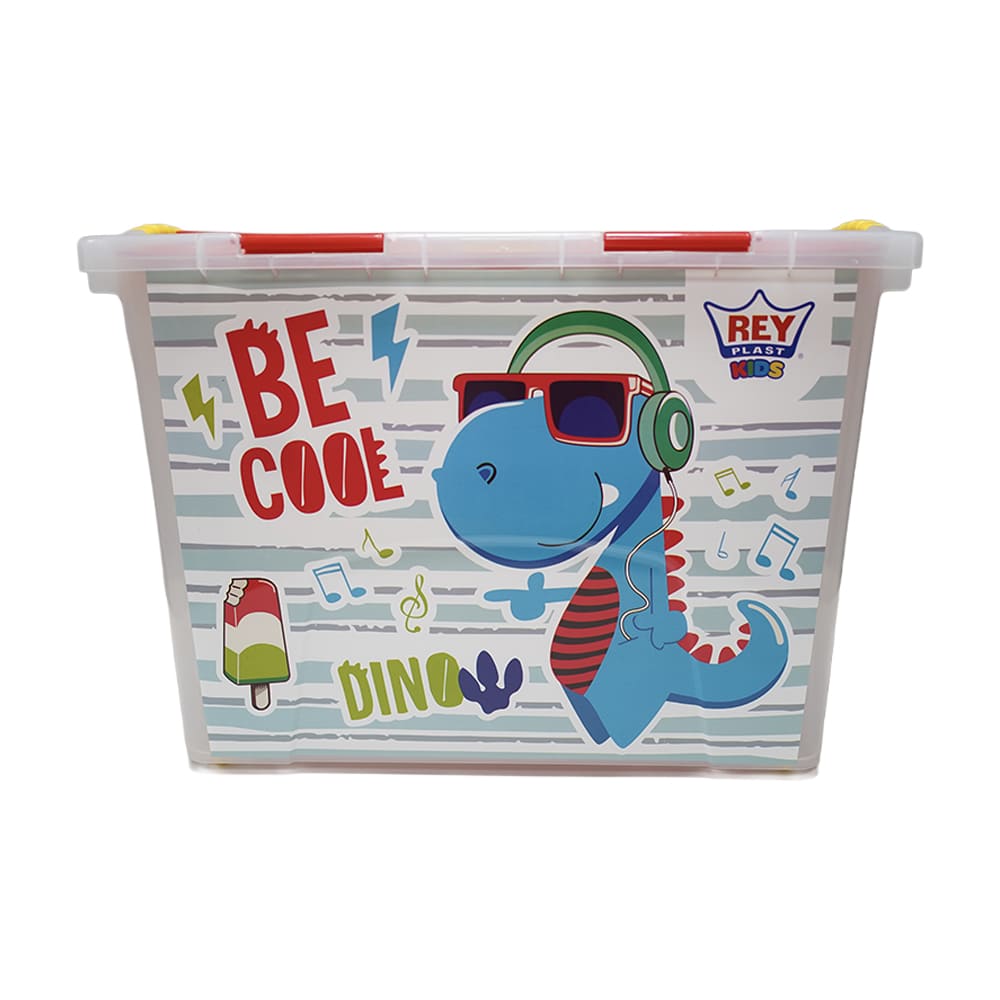 Baul decorado niño, dinocool, capacidad 78.4 Lt, caja transparente, tapa roja y amarillo