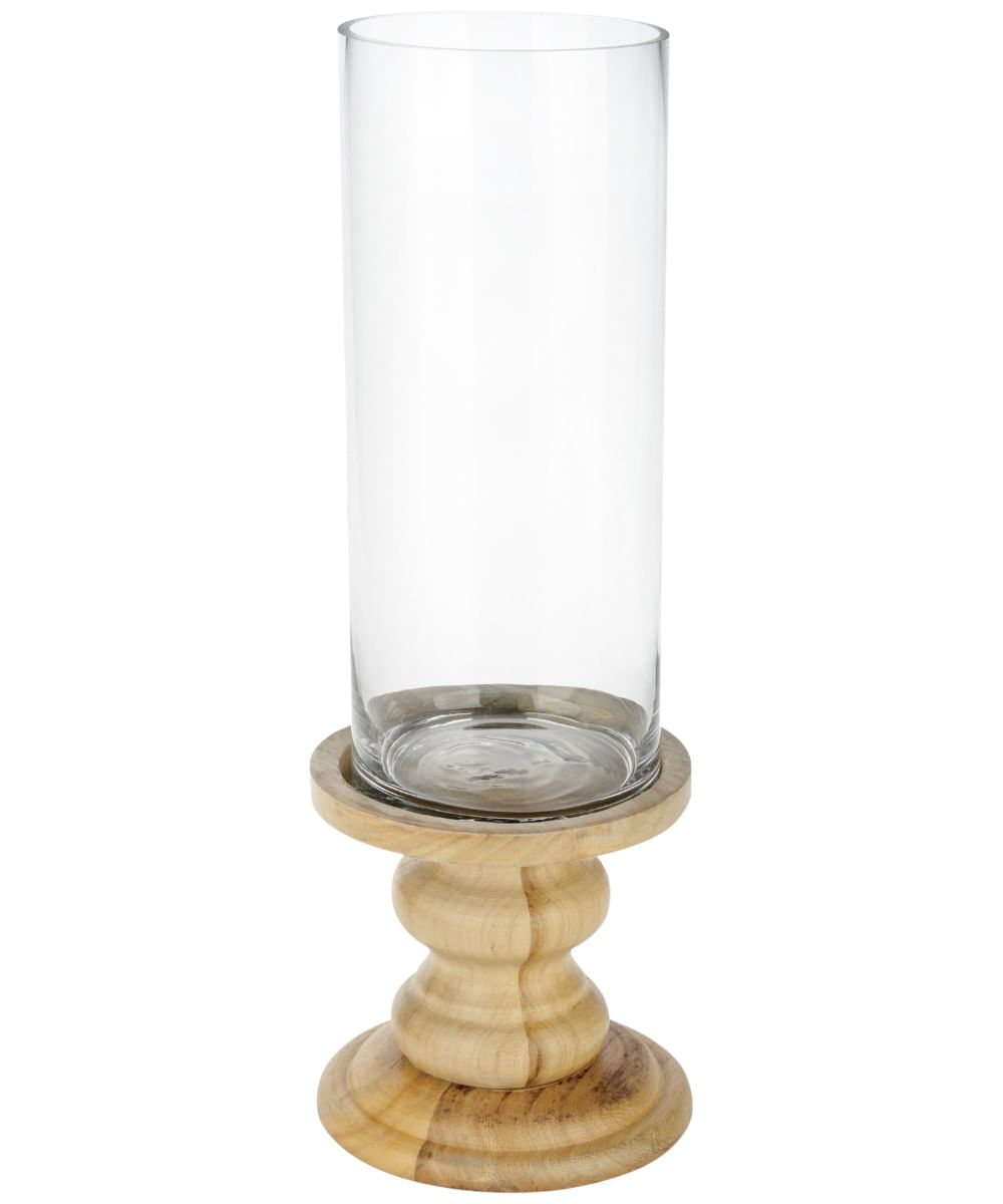 Portavela de vidrio con base decorativa de madera 15 x 18 x 48.7 cm