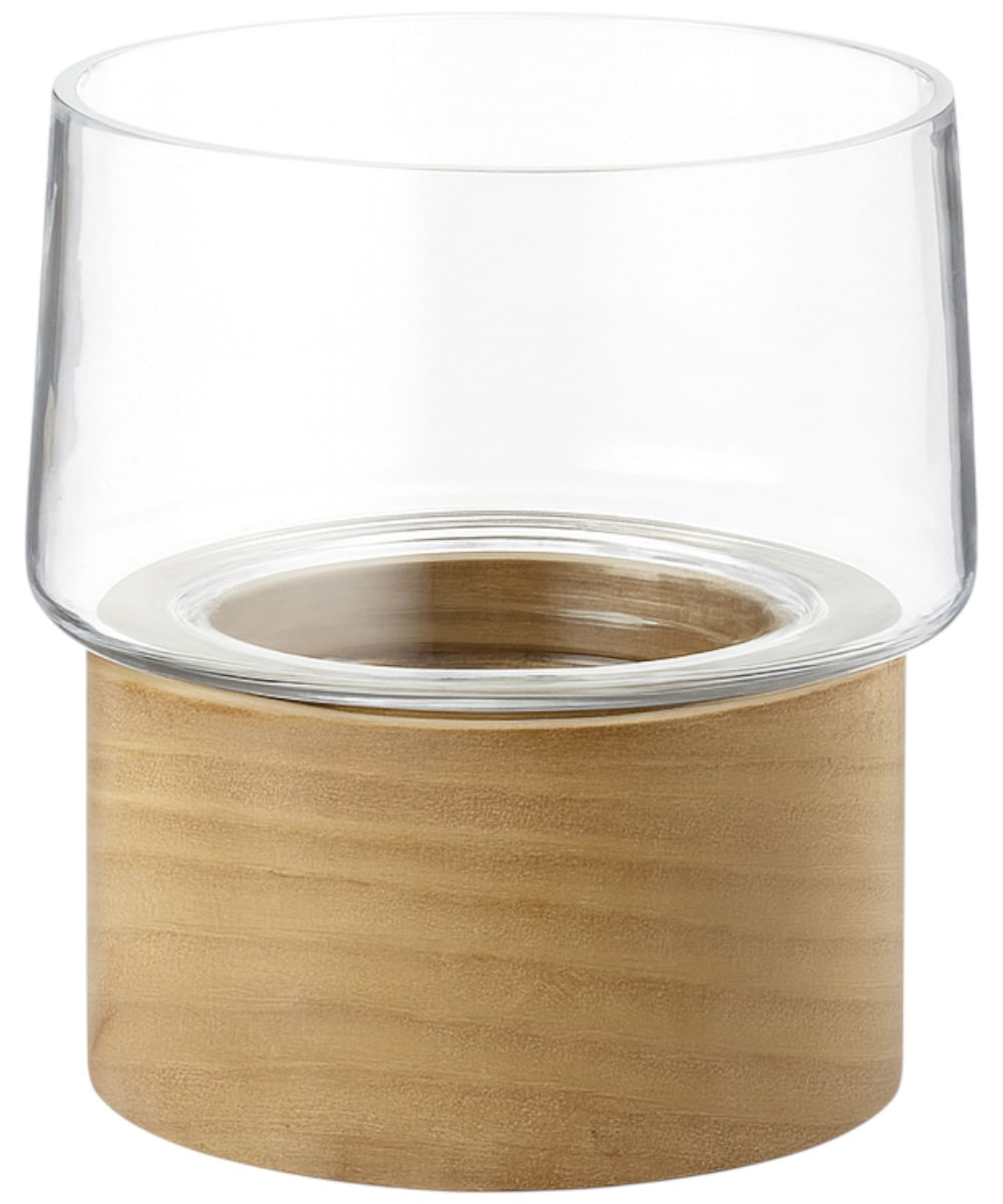 Portavela de vidrio con base de madera 14 x 12.5 x 11 cm