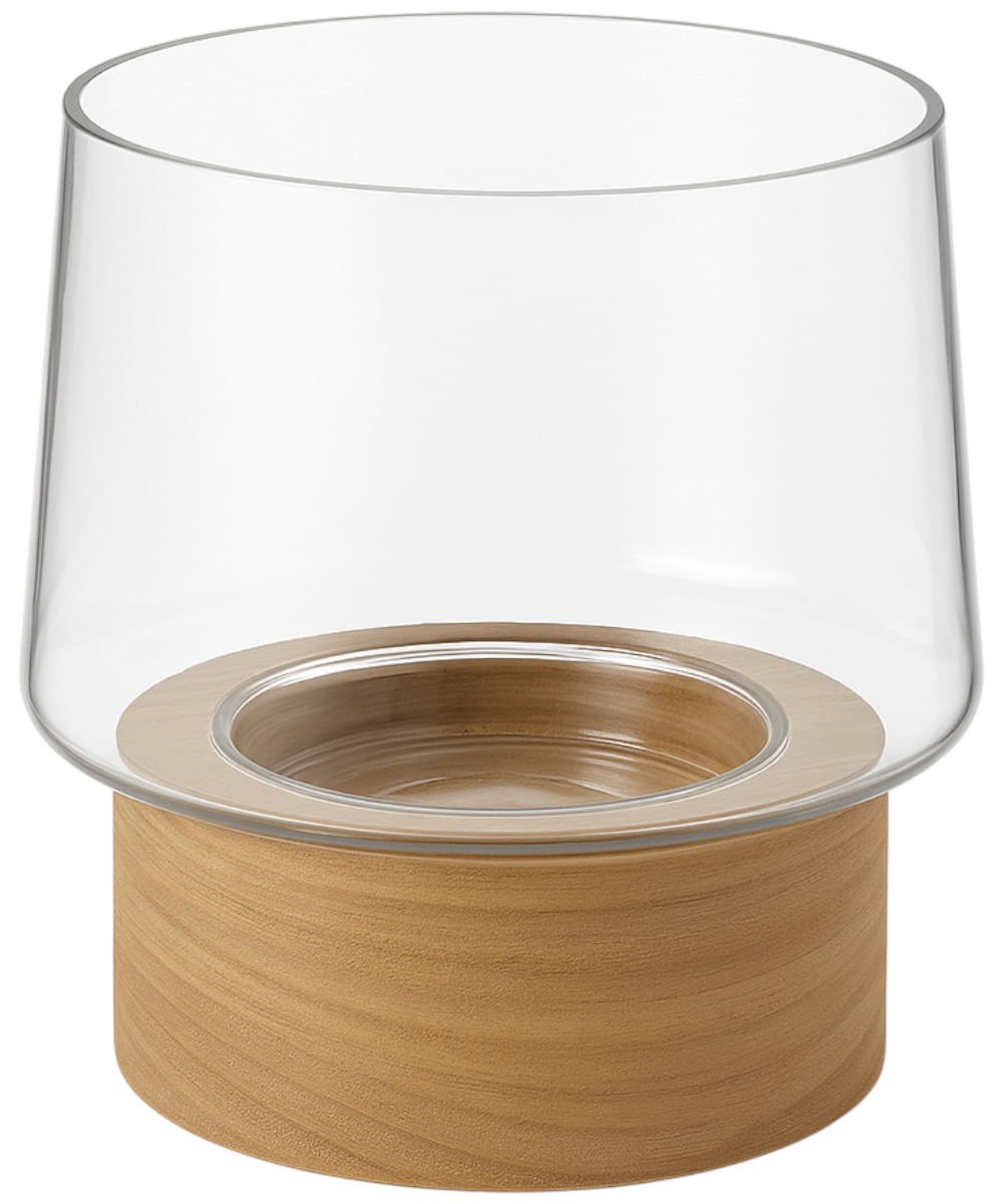 Portavela de vidrio con base de madera 19 x 15 x 11 cm