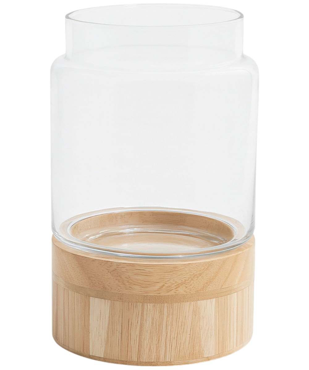 Portavela decorativo de vidrio con base de madera 12.5 x 18 x 36 cm