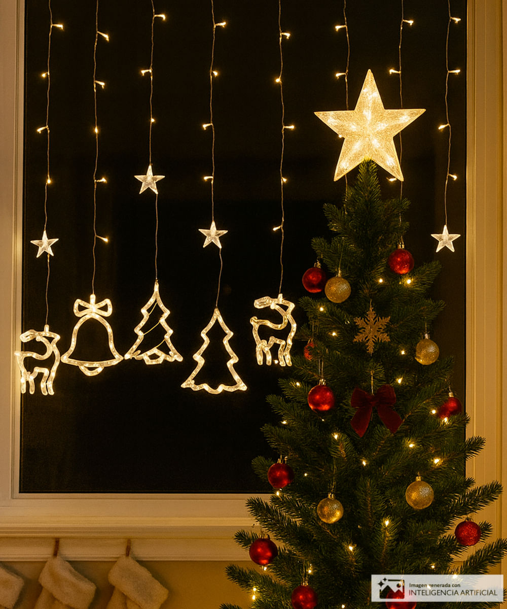 Guía de luz en cascada con figuras de campana árboles y reno 220 cm