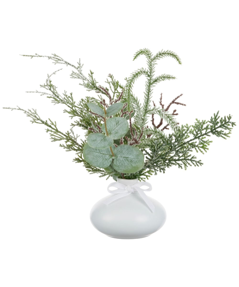 Florero blanco con ramas de pino y eucalipto 31 cm