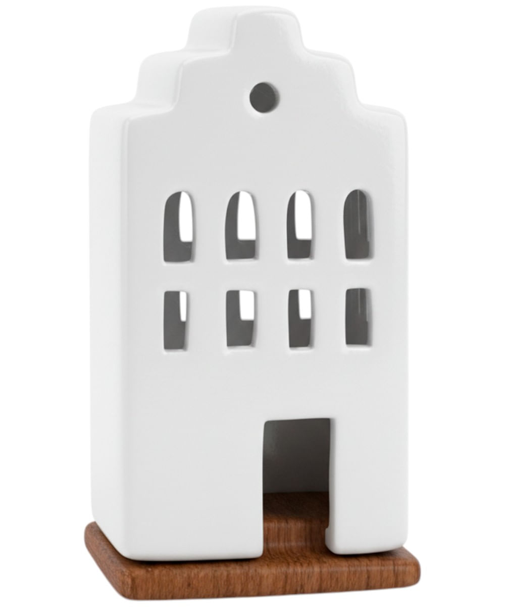 Casa de cerámica blanca con base de madera 6.5 x 7 x 12.5 cm