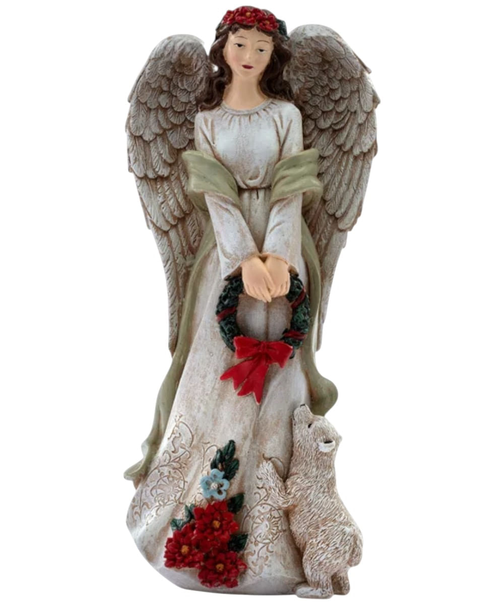 Figura decorativa de ángel blanco con corona en manos 12 x 9.5 x 30 cm