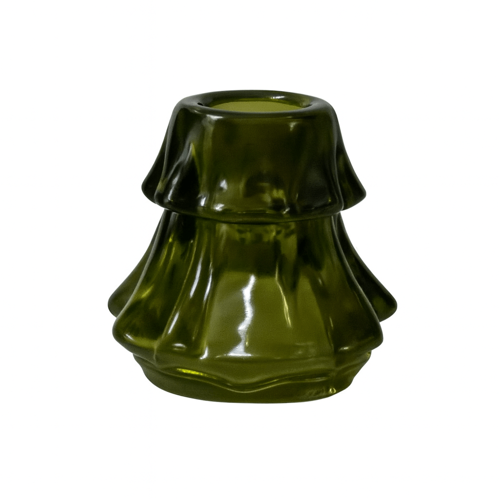 Portavelas con forma de árbol de vidrio verde 7.5 x 7.5 cm