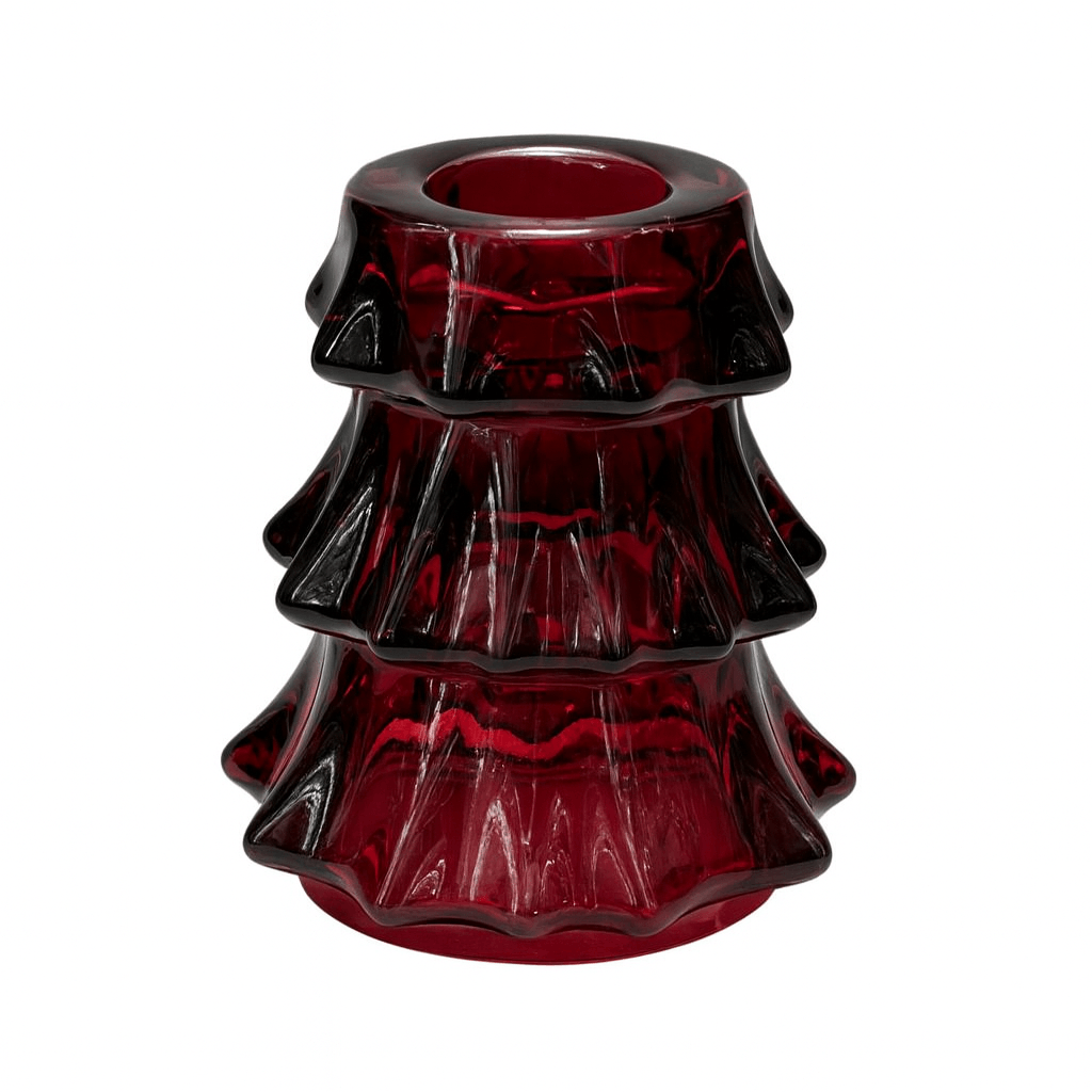 Portavelas con forma de árbol de vidrio rojo 7.5 x 7.5 cm