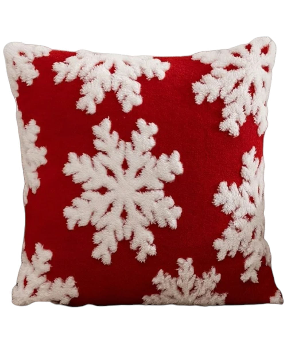 Cojín decorativo rojo con copos de nieve blancos 45 x 45 cm