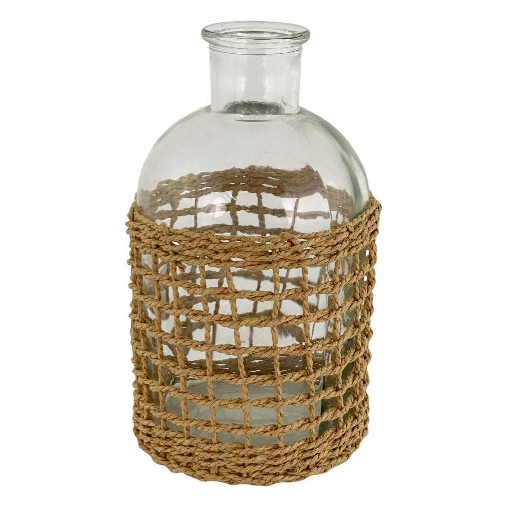 Florero de vidrio con decoración de cuerda natural 10x19.6 cm