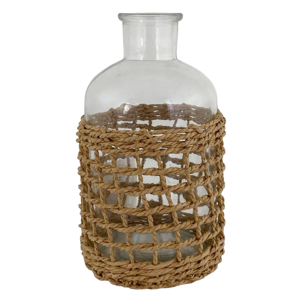 Florero de vidrio con decoración de cuerda natural 8x16 cm