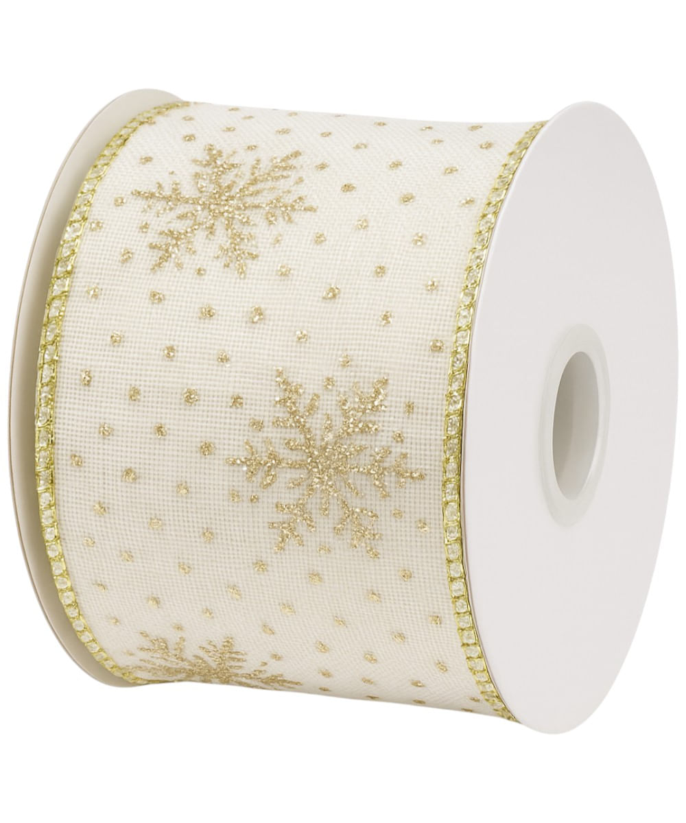 Listón para árbol blanco con copos dorados 6.3 cm x 10 yd