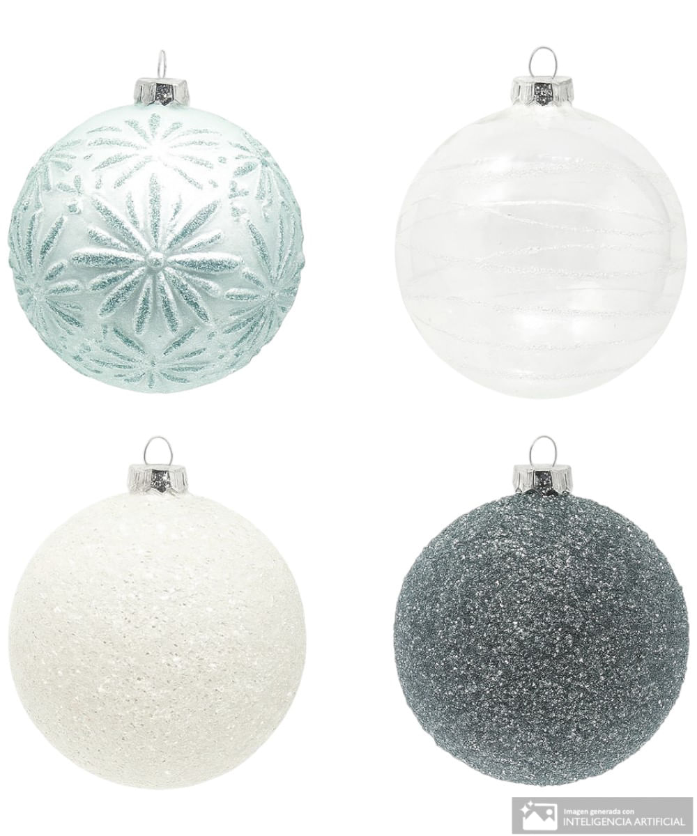Set de 4 esferas surtidas blancas / azul 10 cm