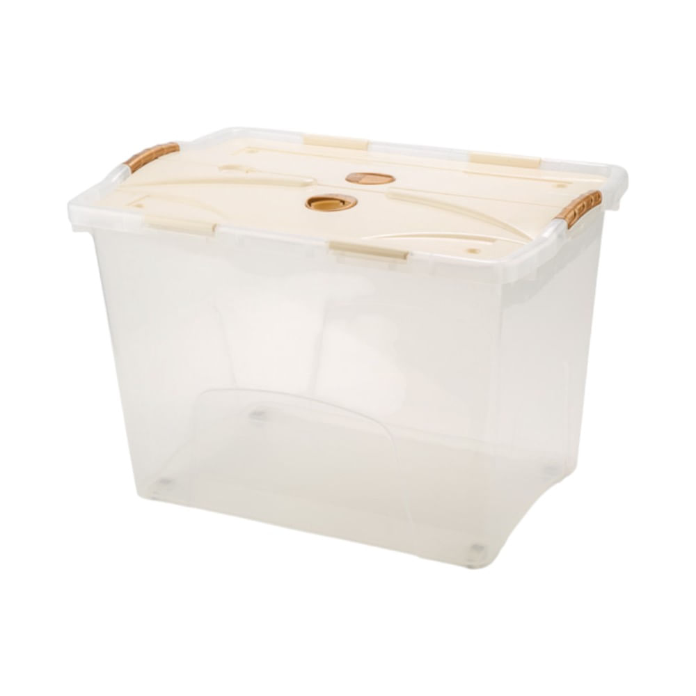 Baúl Móvil Lock capacidad 50.7 Litros, caja transparente tapa Beige y Dorado