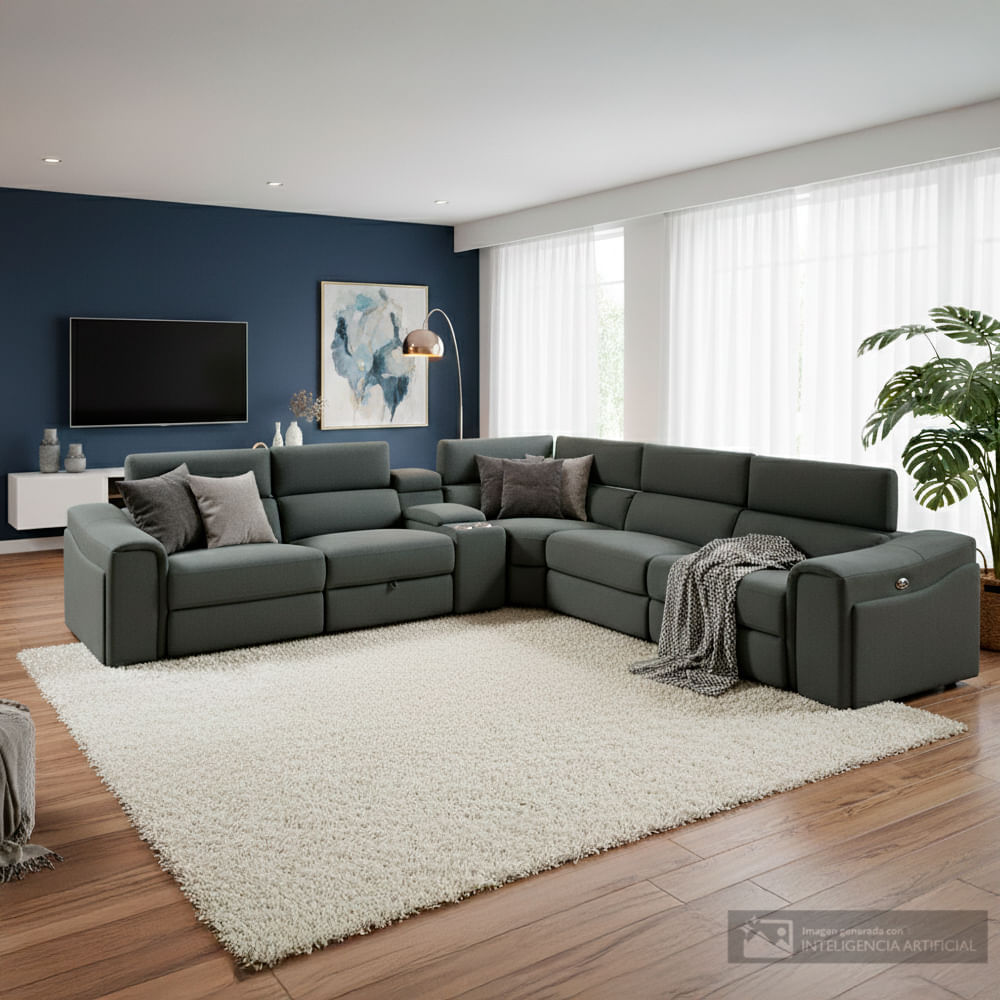 Sala seccional reclinable Emily con consola gris