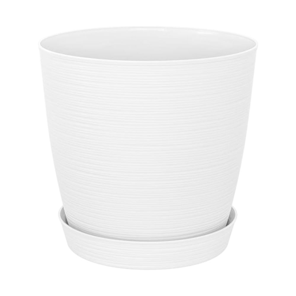 Maceta redonda estilo piedra con base 25x23cm en color blanco