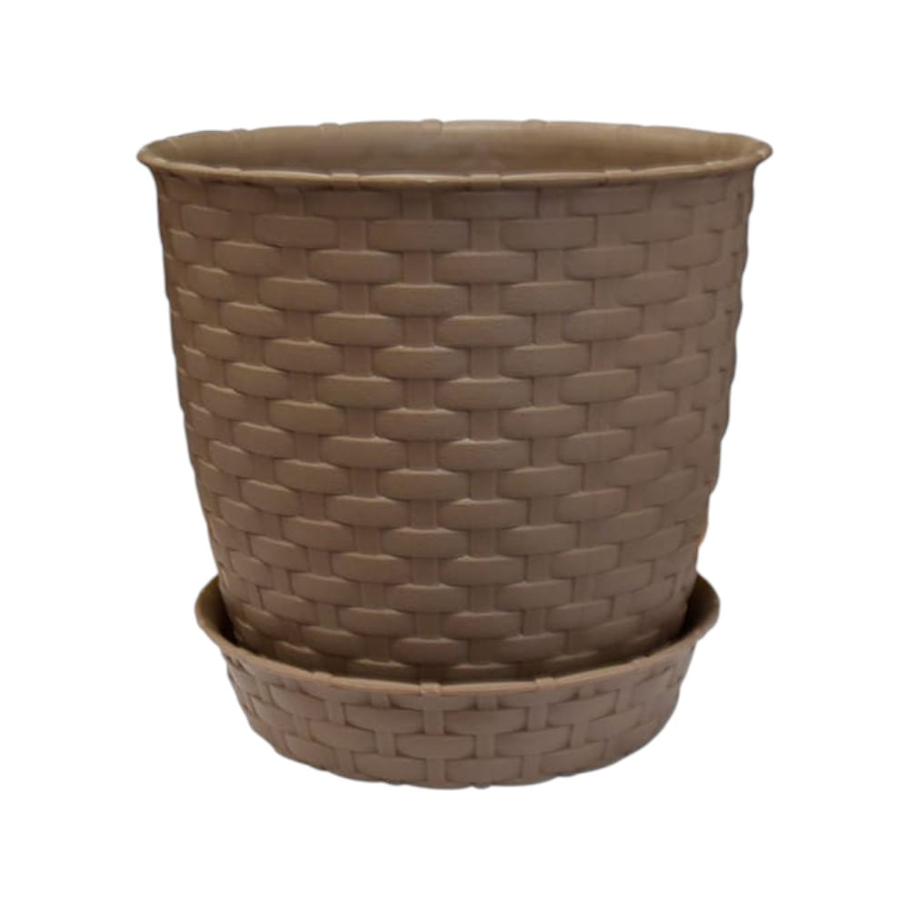 Maceta redonda estilo ratán con base 14x13cm en color Marrón grisaceo