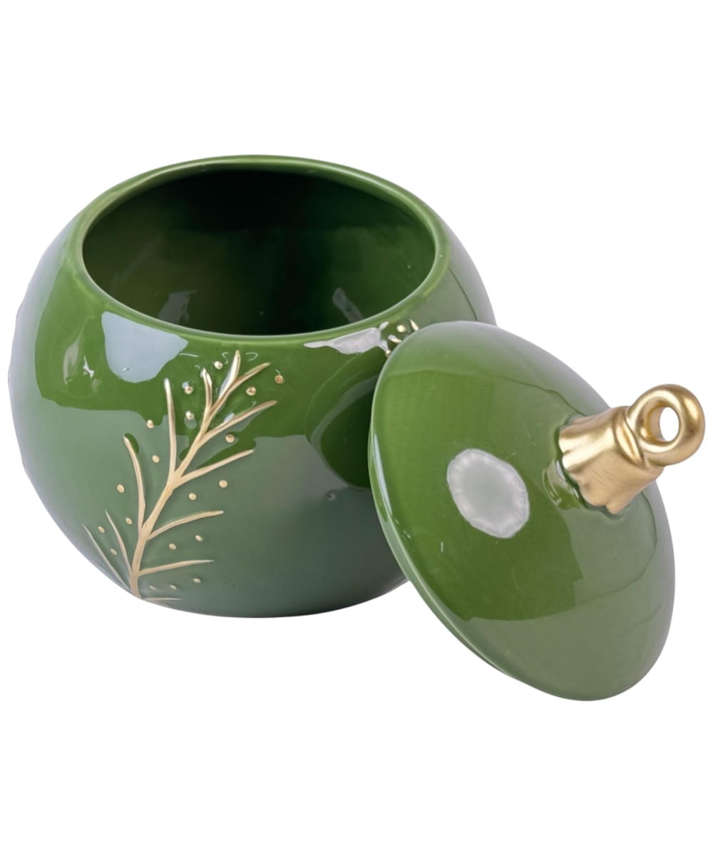 Envase con tapa de esfera navideña verde 21 x 20.3 x 22.5 cm