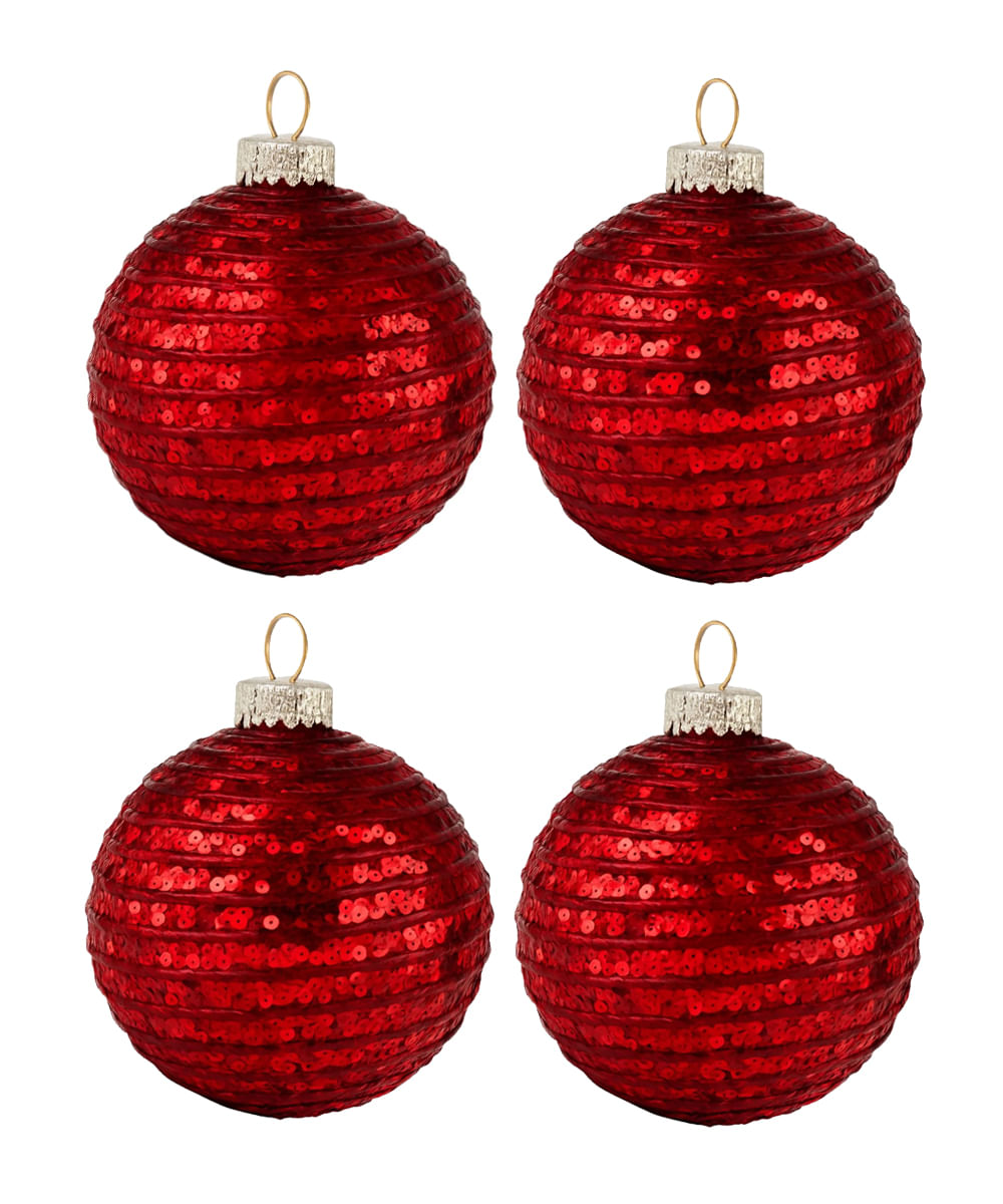 Set de 4 esferas navideñas rojas con lentejuelas 10 cm