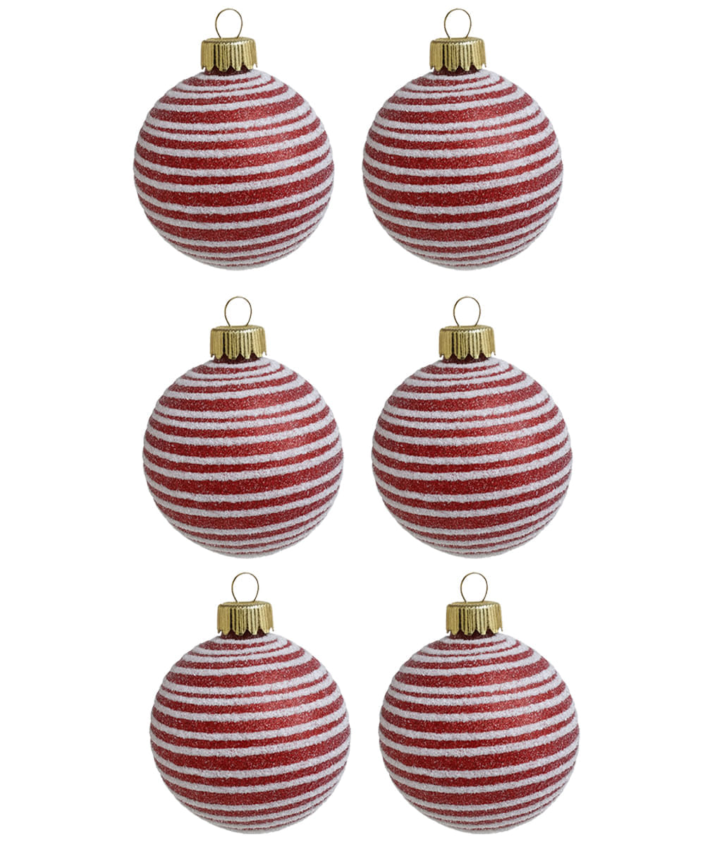 Set de 6 esferas navideñas rojas con líneas blancas 8 cm