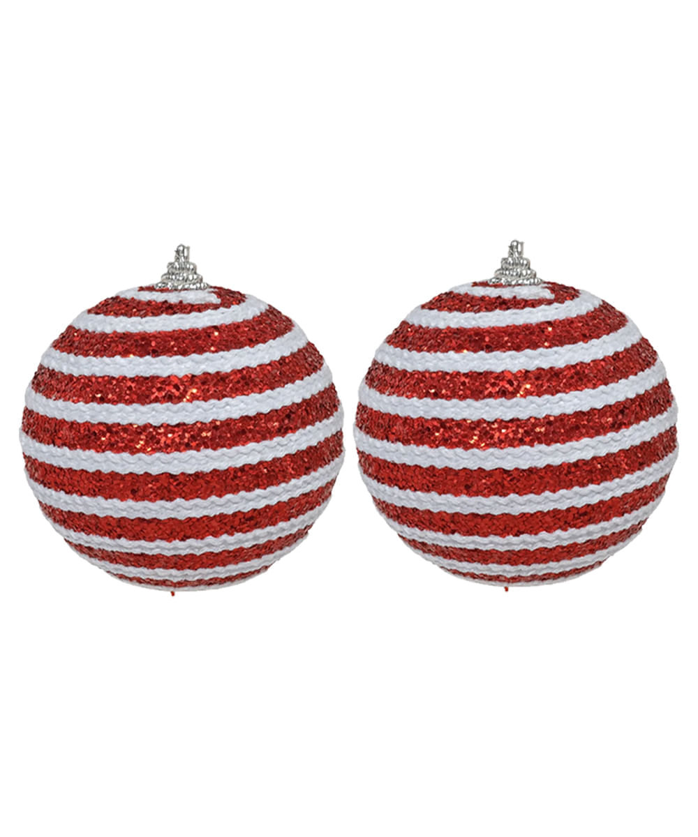 Set de 2 esferas navideñas rojas con espiral blanco 12 cm