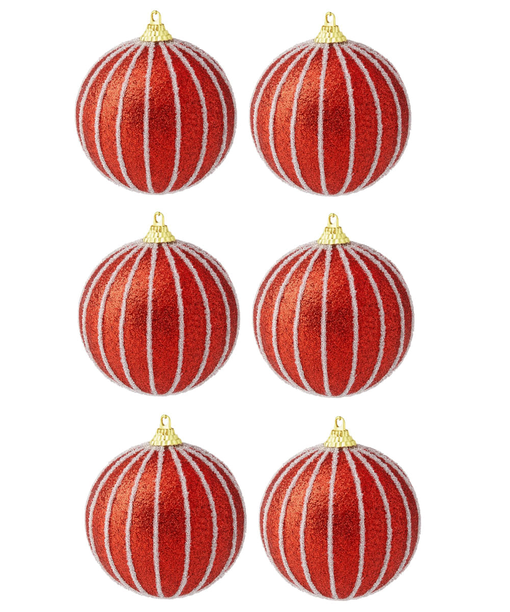 Set de 6 esferas navideñas rojas con líneas blancas 8 cm