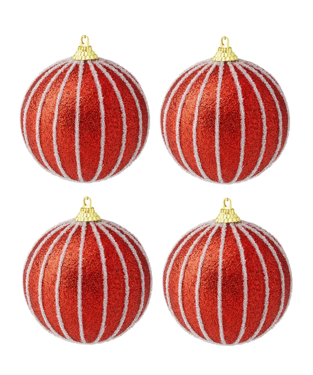 Set de 4 esferas navideñas rojas con líneas blancas 10 cm